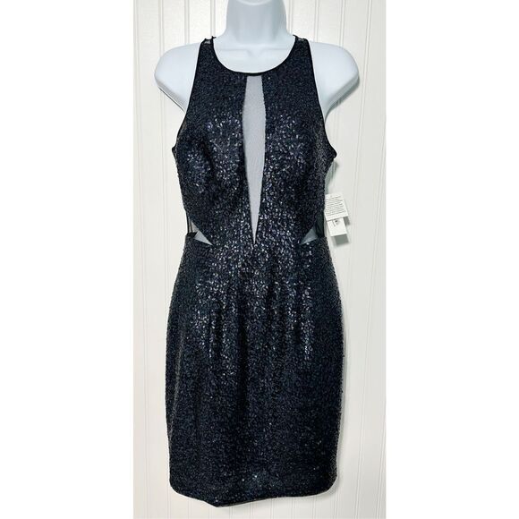 Aidan Mattox Women's Straps Cut Out Sequin Illusion Dress Black Navy Size  6 NWT